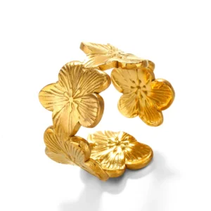 Bague ajustable dorée à fleurs réalistes multiples