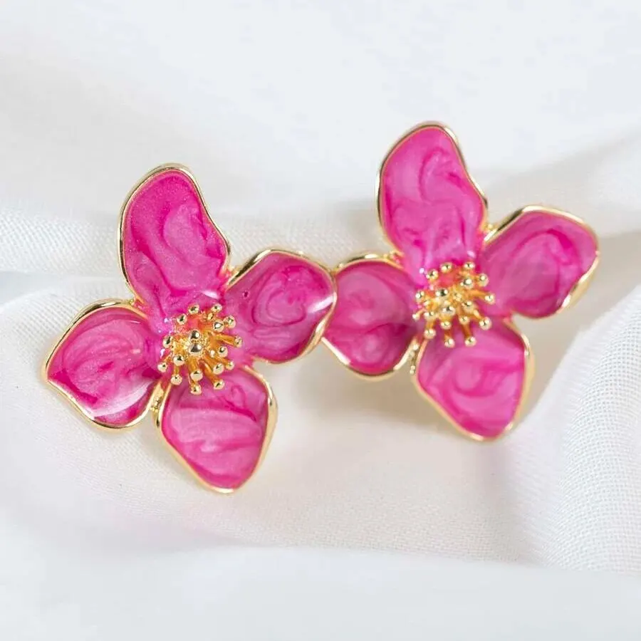 Boucles d'oreilles fleurs roses et dorées