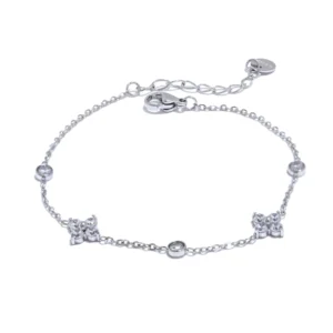 Bracelet à deux fleurs argentées avec cristaux