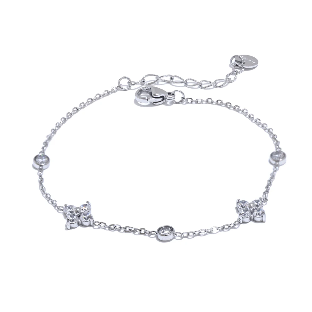 Bracelet à deux fleurs argentées avec cristaux