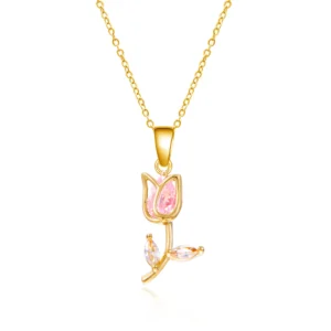 Collier avec pendentif tulipe doré et rose