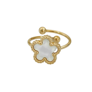 Bague fleur ajustable blanche et or