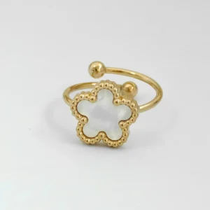 Bague fleur ajustable blanche et or
