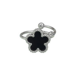 Bague fleur ajustable noire et argent