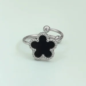 Bague fleur ajustable noire et argent