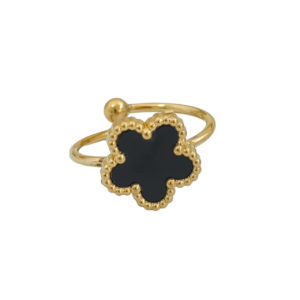 Bague fleur ajustable noire et or