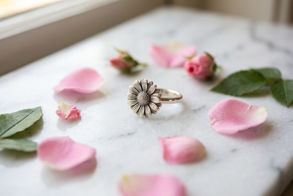 Bague fleur acier inoxydable - illustration